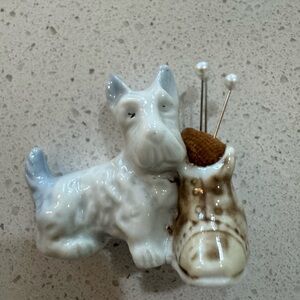 Vintage Scottie Dog Puppy Ceramic Figurine 2” Pin Cushion Japan